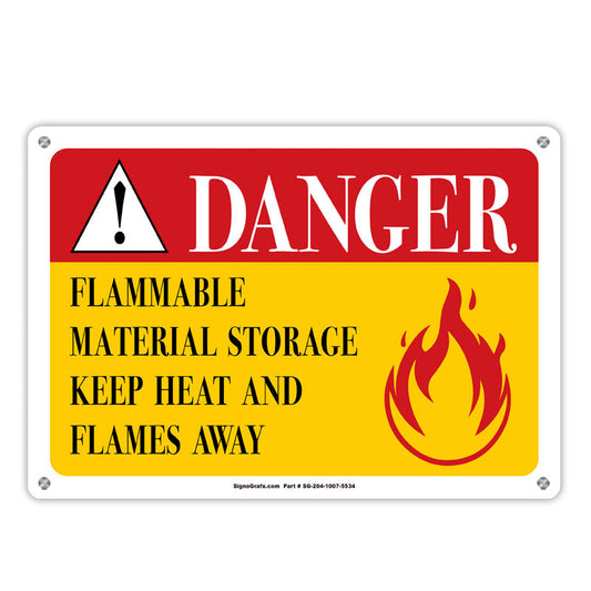 Danger Flammaable Material Storage Keep Heat
 And Flames Away Sign