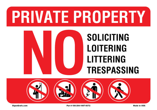 Private Property No Soliciting No Trespassing No Lotering 
No Littering Sign