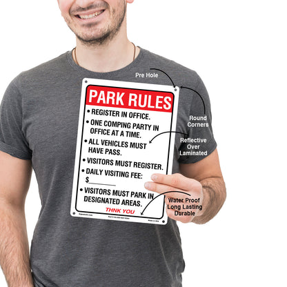 Park Rules
Register In Office.
One Comping Party In Office At A Time.
All Vehicles Must Have Pass.
Visito Rs Must Register.
Daily Visiting Fee:
Visitors Must Park In Designated Areas.Sign