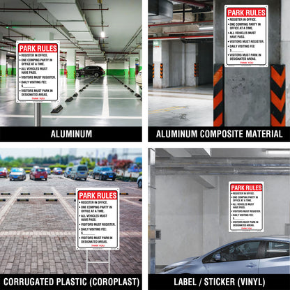 Park Rules
Register In Office.
One Comping Party In Office At A Time.
All Vehicles Must Have Pass.
Visito Rs Must Register.
Daily Visiting Fee:
Visitors Must Park In Designated Areas.Sign